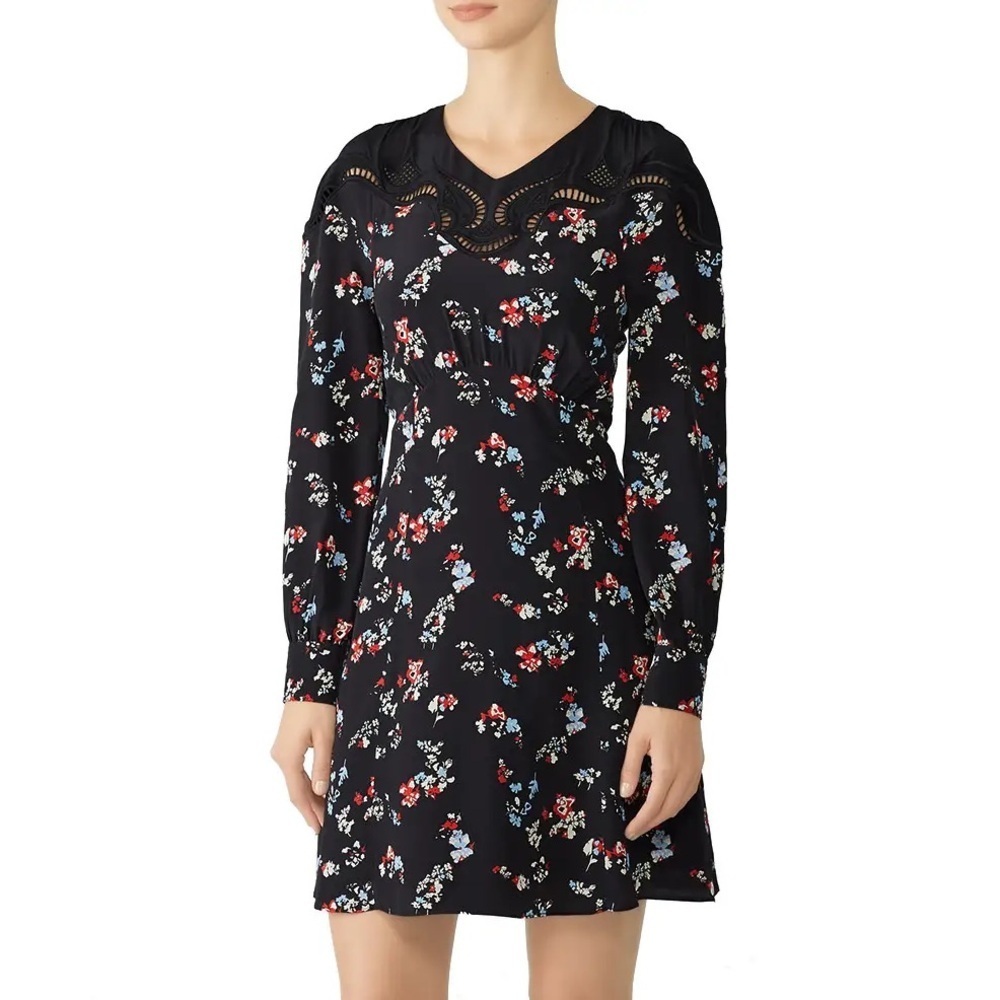 Tanya Taylor Black Silk Floral Clusters Empire Waist Long Sleeve Nyla Dress 18